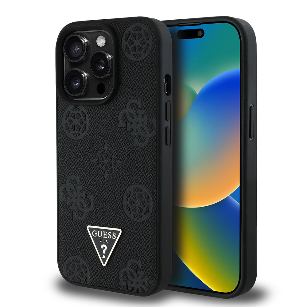 Apple iPhone 14 Pro Max Kılıf Guess Orjinal Lisanslı M-safe Şarj Özellikli Sıcak Baskılı Üçgen Logolu PU Deri Peony Kapak Siyah