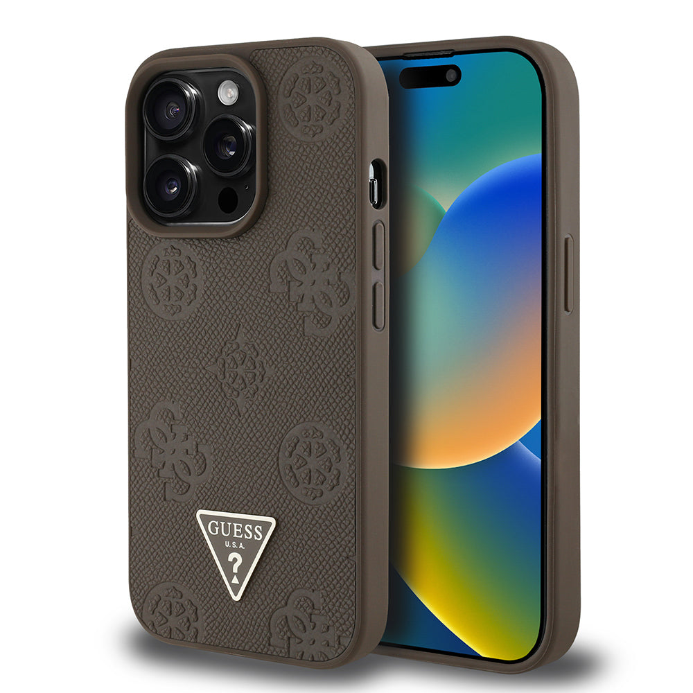 Apple iPhone 14 Pro Max Kılıf Guess Orjinal Lisanslı M-safe Şarj Özellikli Sıcak Baskılı Üçgen Logolu PU Deri Peony Kapak Siyah