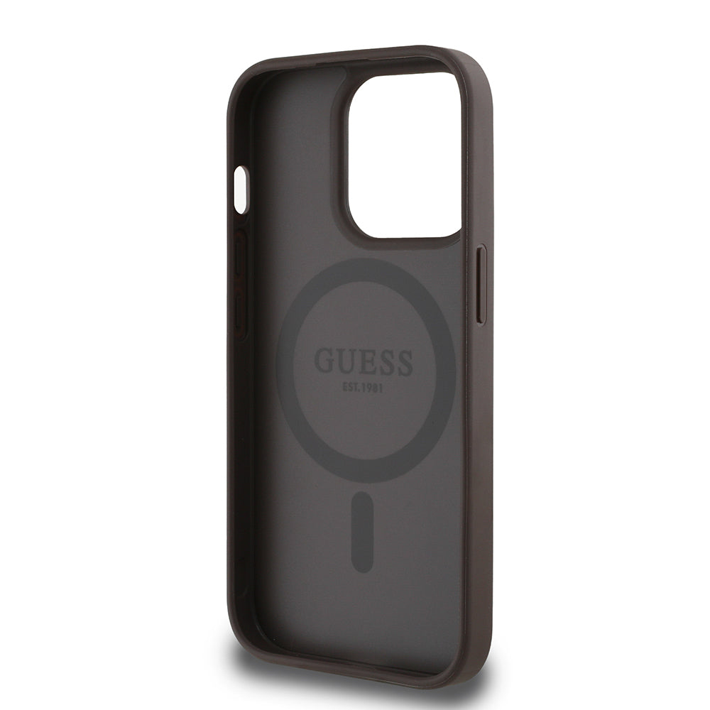 Apple iPhone 14 Pro Max Kılıf Guess Orjinal Lisanslı M-safe Şarj Özellikli Sıcak Baskılı Üçgen Logolu PU Deri Peony Kapak Kahverengi