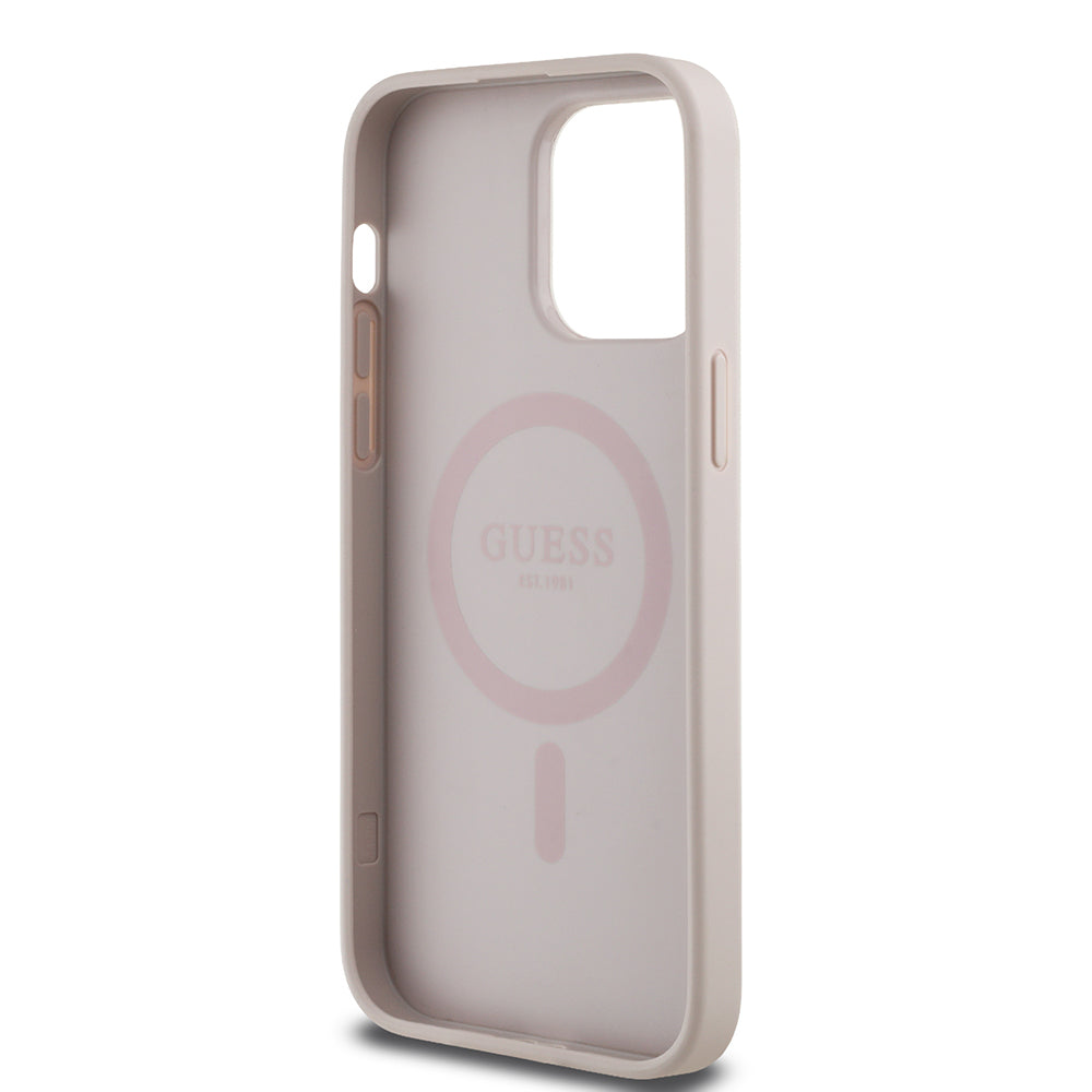 Apple iPhone 14 Pro Max Kılıf Guess Orjinal Lisanslı M-safe Şarj Özellikli Yazı Logolu Circle Classic Kapak Kahverengi