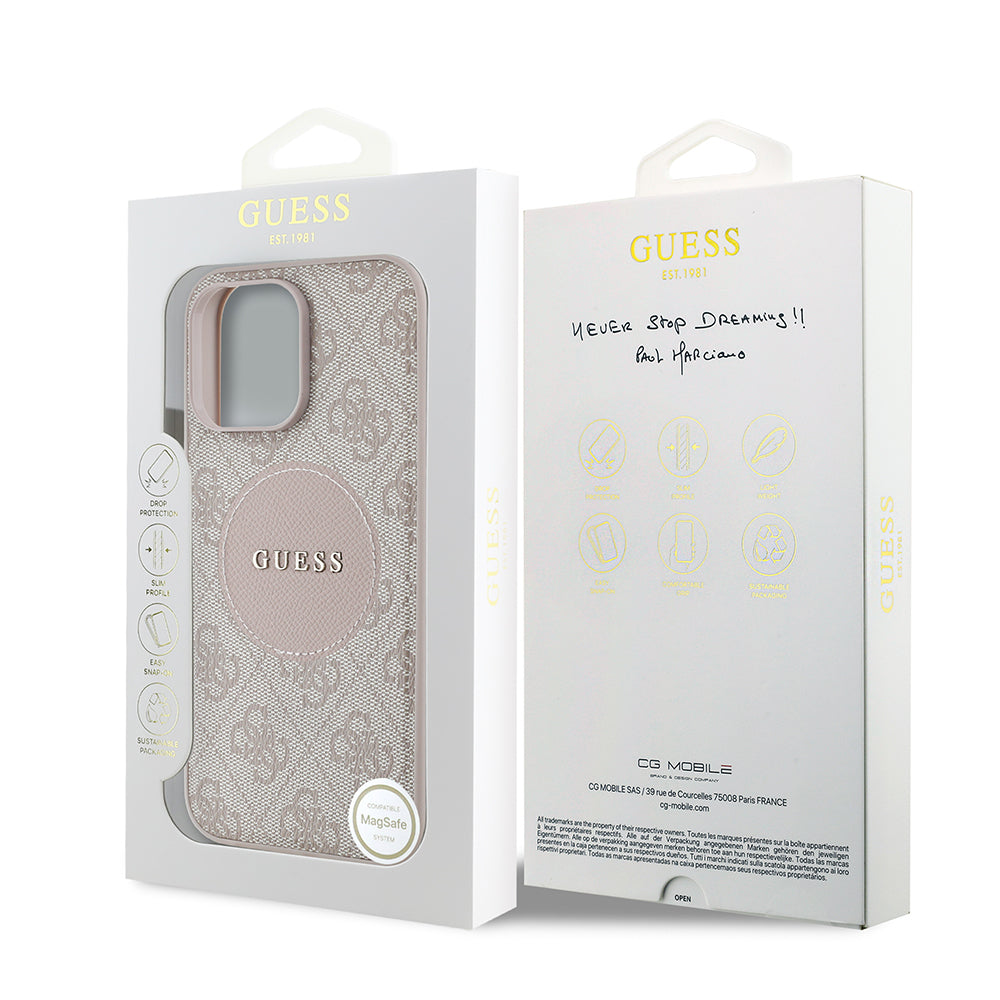 Apple iPhone 14 Pro Max Kılıf Guess Orjinal Lisanslı M-safe Şarj Özellikli Yazı Logolu Circle Classic Kapak Pembe