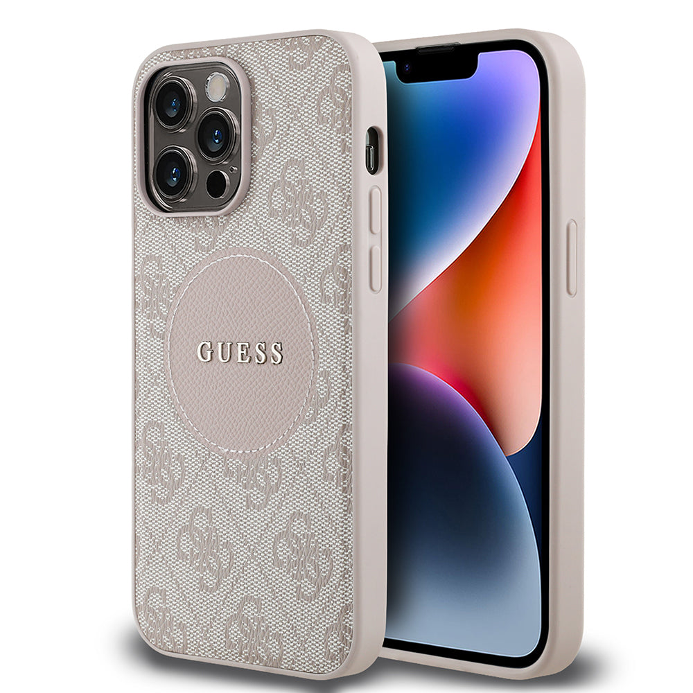 Apple iPhone 14 Pro Max Kılıf Guess Orjinal Lisanslı M-safe Şarj Özellikli Yazı Logolu Circle Classic Kapak Pembe