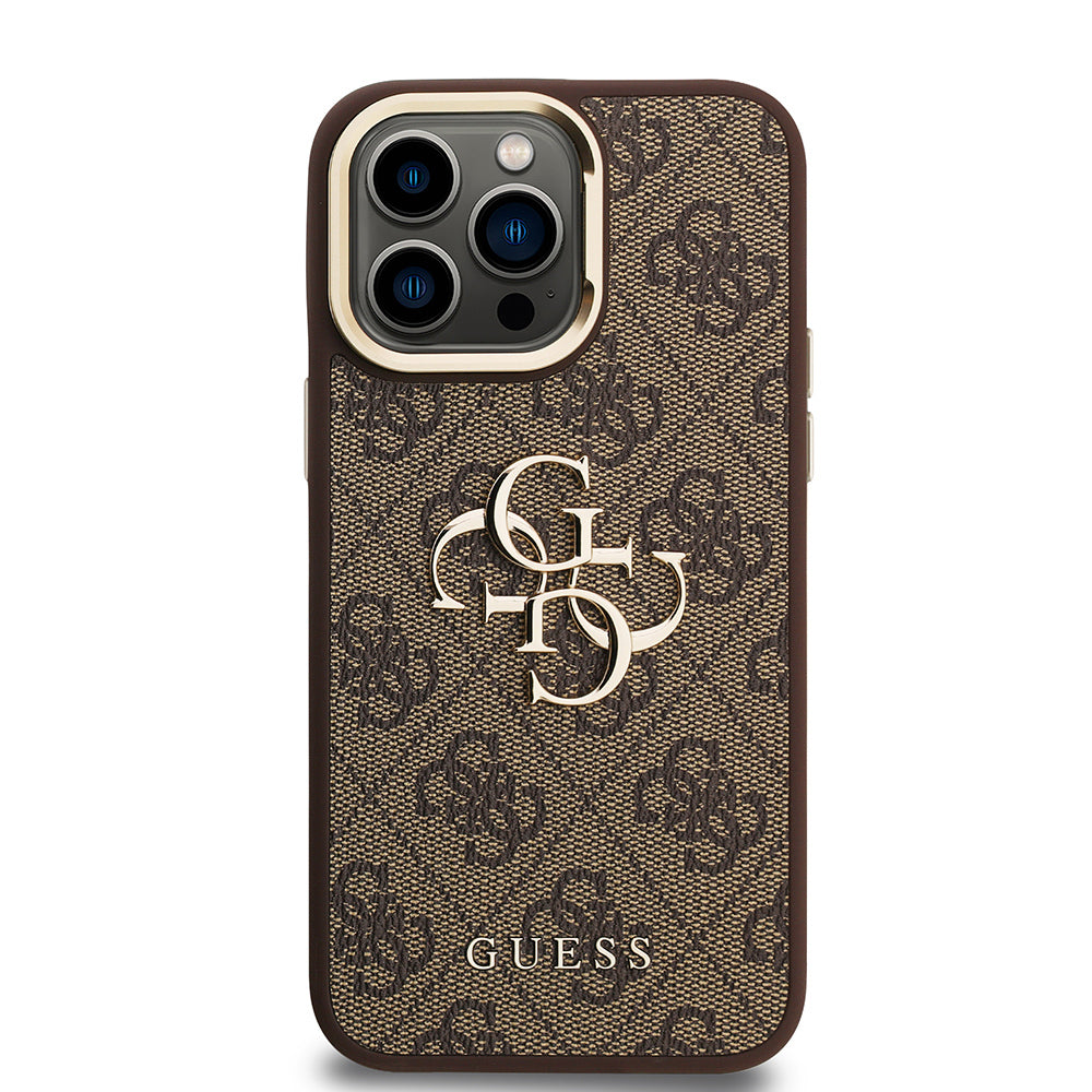 Apple iPhone 14 Pro Max Kılıf Guess Orjinal Lisanslı PU Deri 4G Desenli Metal Büyük 4G ve Yazı Logolu Kamera Standlı Kapak Siyah