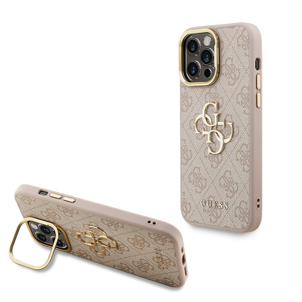 Apple iPhone 14 Pro Max Kılıf Guess Orjinal Lisanslı PU Deri 4G Desenli Metal Büyük 4G ve Yazı Logolu Kamera Standlı Kapak Pembe