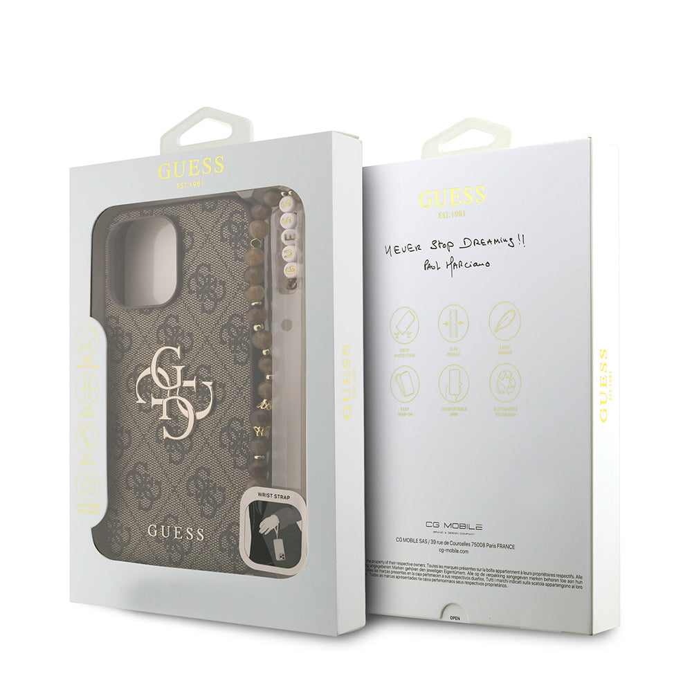 Apple iPhone 14 Pro Max Kılıf Guess Orjinal Lisanslı PU Deri Bilek Askı İpli Metal Büyük 4G ve Yazı Logolu Kapak Kahverengi
