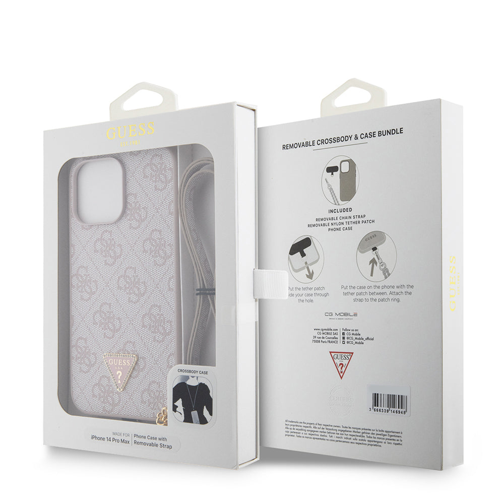 Apple iPhone 14 Pro Max Kılıf Guess Orjinal Lisanslı PU Deri Taşlı Metal Üçgen Logolu Çapraz Vücut Askılı 4G Desenli Kapak Siyah