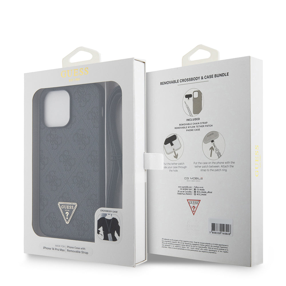 Apple iPhone 14 Pro Max Kılıf Guess Orjinal Lisanslı PU Deri Taşlı Metal Üçgen Logolu Çapraz Vücut Askılı 4G Desenli Kapak Pembe