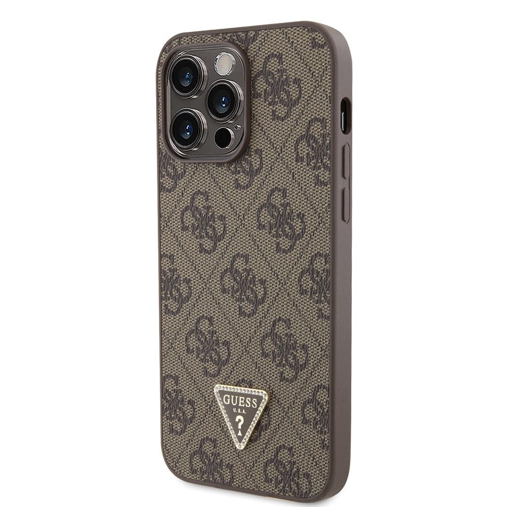 Apple iPhone 14 Pro Max Kılıf Guess Orjinal Lisanslı PU Deri Taşlı Metal Üçgen Logolu Çapraz Vücut Askılı 4G Desenli Kapak Pembe