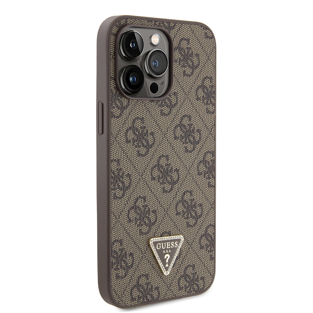 Apple iPhone 14 Pro Max Kılıf Guess Orjinal Lisanslı PU Deri Taşlı Metal Üçgen Logolu Çapraz Vücut Askılı 4G Desenli Kapak Pembe