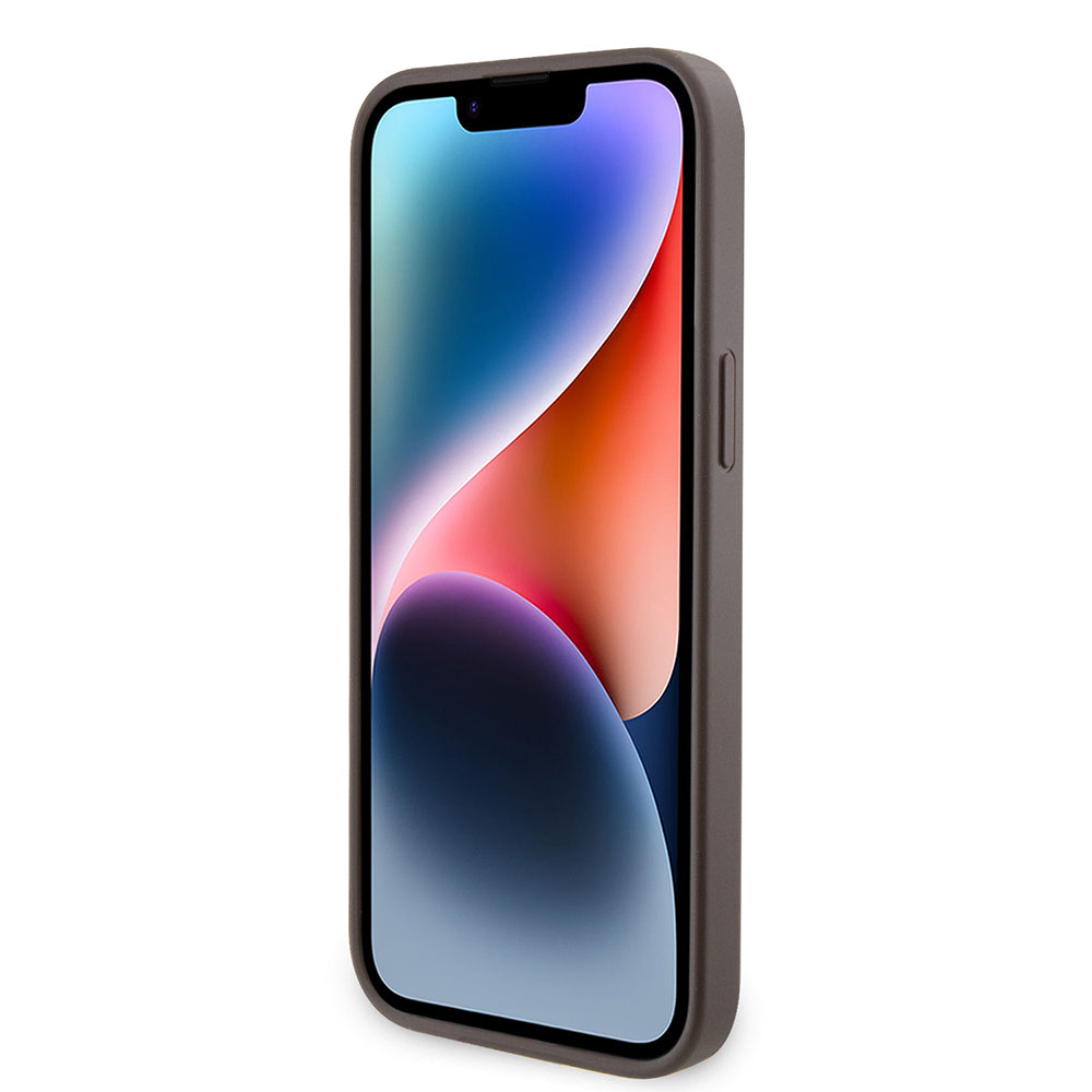 Apple iPhone 14 Pro Max Kılıf Guess Orjinal Lisanslı PU Deri Taşlı Metal Üçgen Logolu Çapraz Vücut Askılı 4G Desenli Kapak Kahverengi