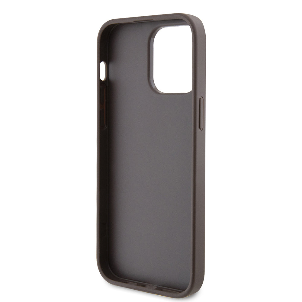 Apple iPhone 14 Pro Max Kılıf Guess Orjinal Lisanslı PU Deri Taşlı Metal Üçgen Logolu Çapraz Vücut Askılı 4G Desenli Kapak Siyah