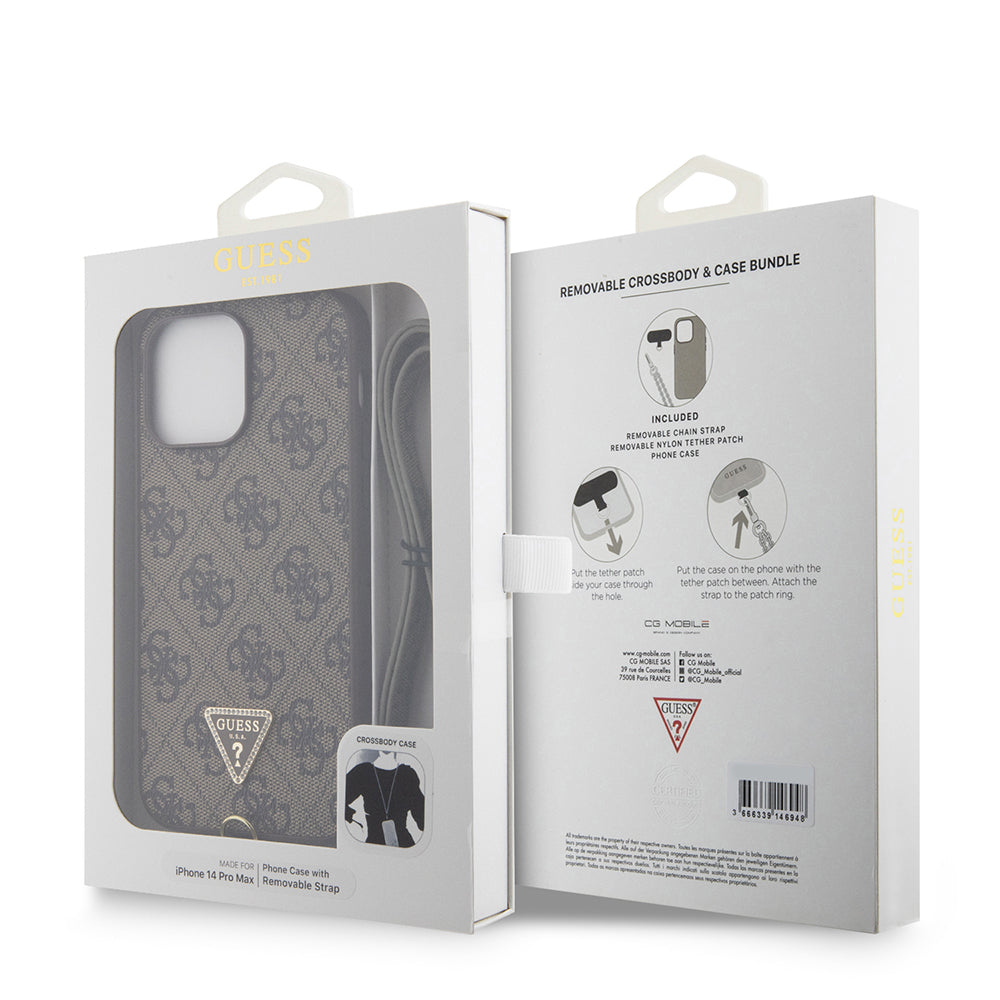 Apple iPhone 14 Pro Max Kılıf Guess Orjinal Lisanslı PU Deri Taşlı Metal Üçgen Logolu Çapraz Vücut Askılı 4G Desenli Kapak Kahverengi