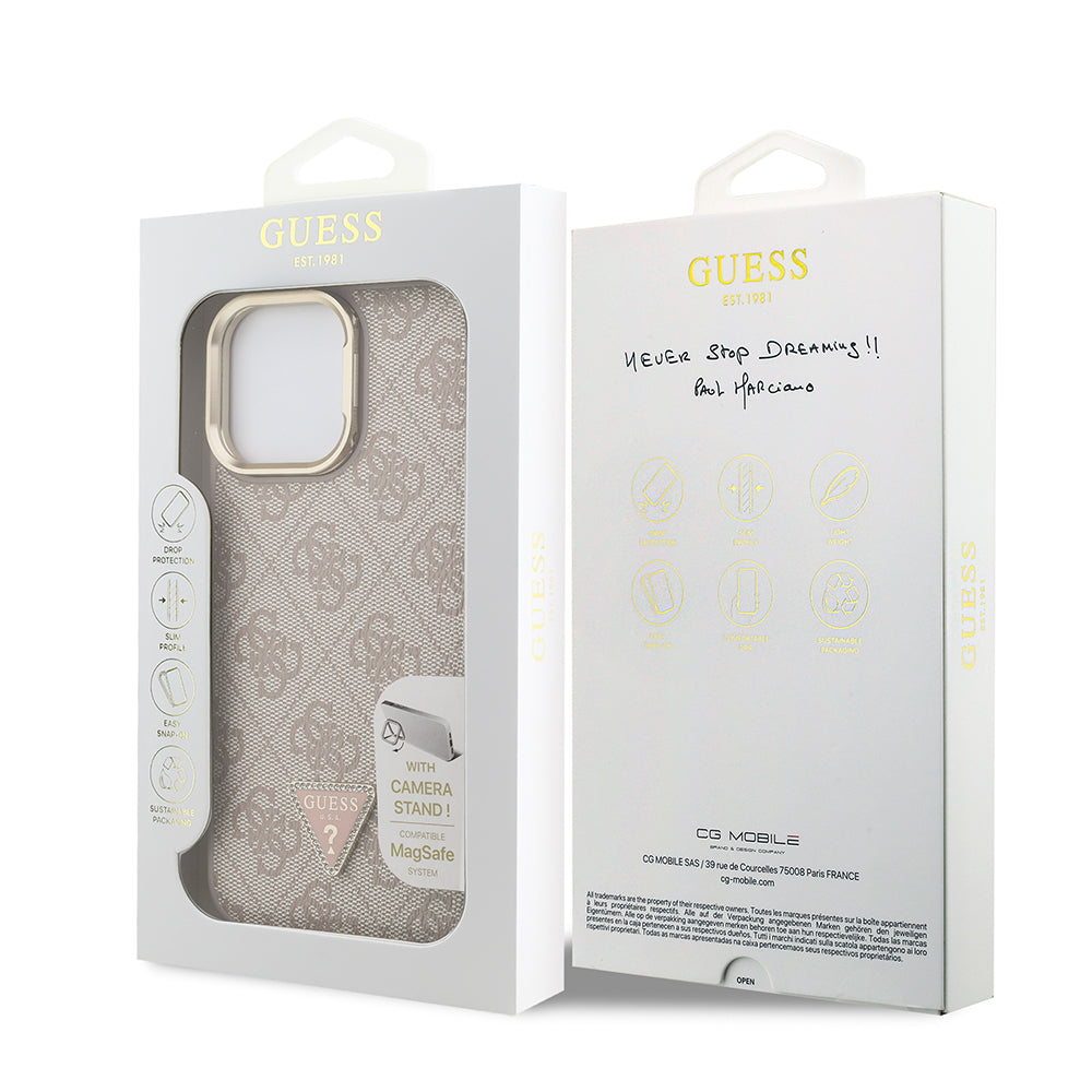 Apple iPhone 14 Pro Max Kılıf Guess Orjinal Lisanslı PU Deri Taşlı Üçgen Logo 4G Desenli Kamera Standlı Kapak Siyah