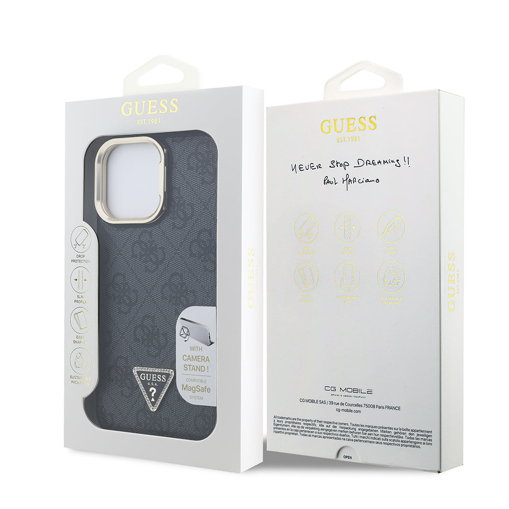 Apple iPhone 14 Pro Max Kılıf Guess Orjinal Lisanslı PU Deri Taşlı Üçgen Logo 4G Desenli Kamera Standlı Kapak Kahverengi