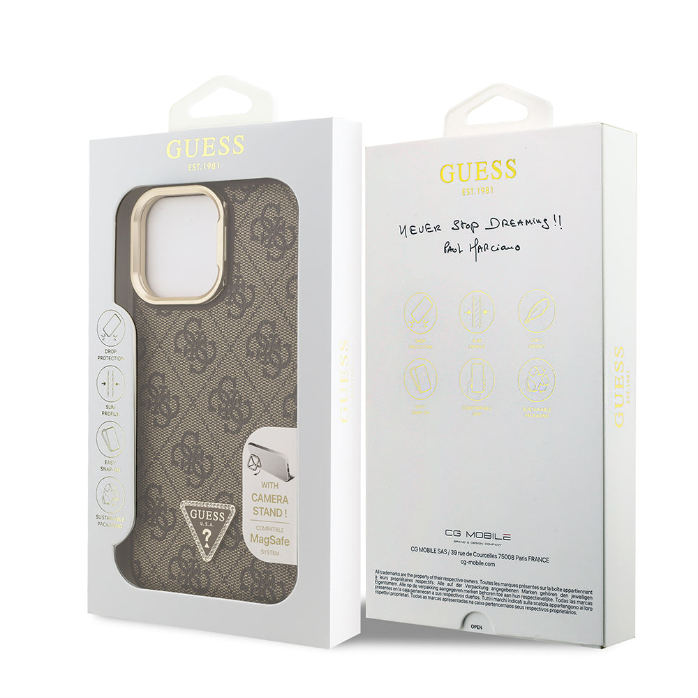 Apple iPhone 14 Pro Max Kılıf Guess Orjinal Lisanslı PU Deri Taşlı Üçgen Logo 4G Desenli Kamera Standlı Kapak Kahverengi