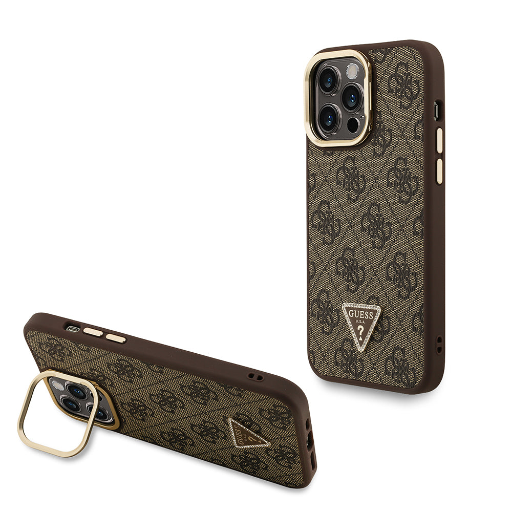 Apple iPhone 14 Pro Max Kılıf Guess Orjinal Lisanslı PU Deri Taşlı Üçgen Logo 4G Desenli Kamera Standlı Kapak Kahverengi