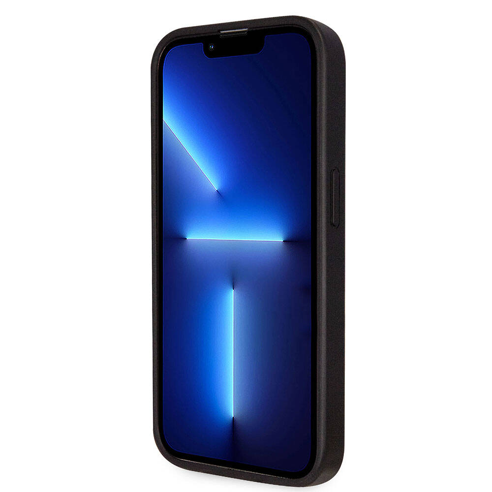 Apple iPhone 14 Pro Max Kılıf Guess Orjinal Lisanslı PU Deri Taşlı Üçgen Logo 4G Desenli Kapak Siyah