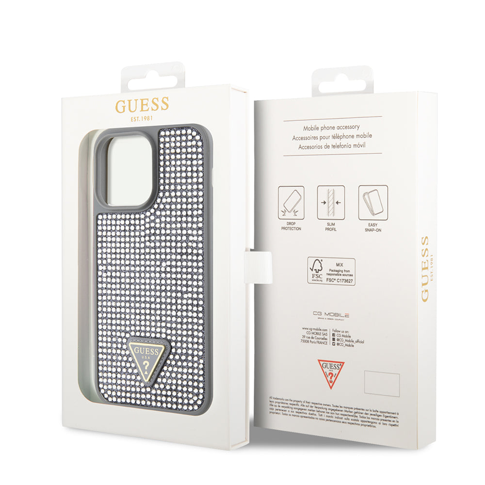 Apple iPhone 14 Pro Max Kılıf Guess Orjinal Lisanslı Taşlı Arka Yüzey Üçgen Logolu Kapak Pembe