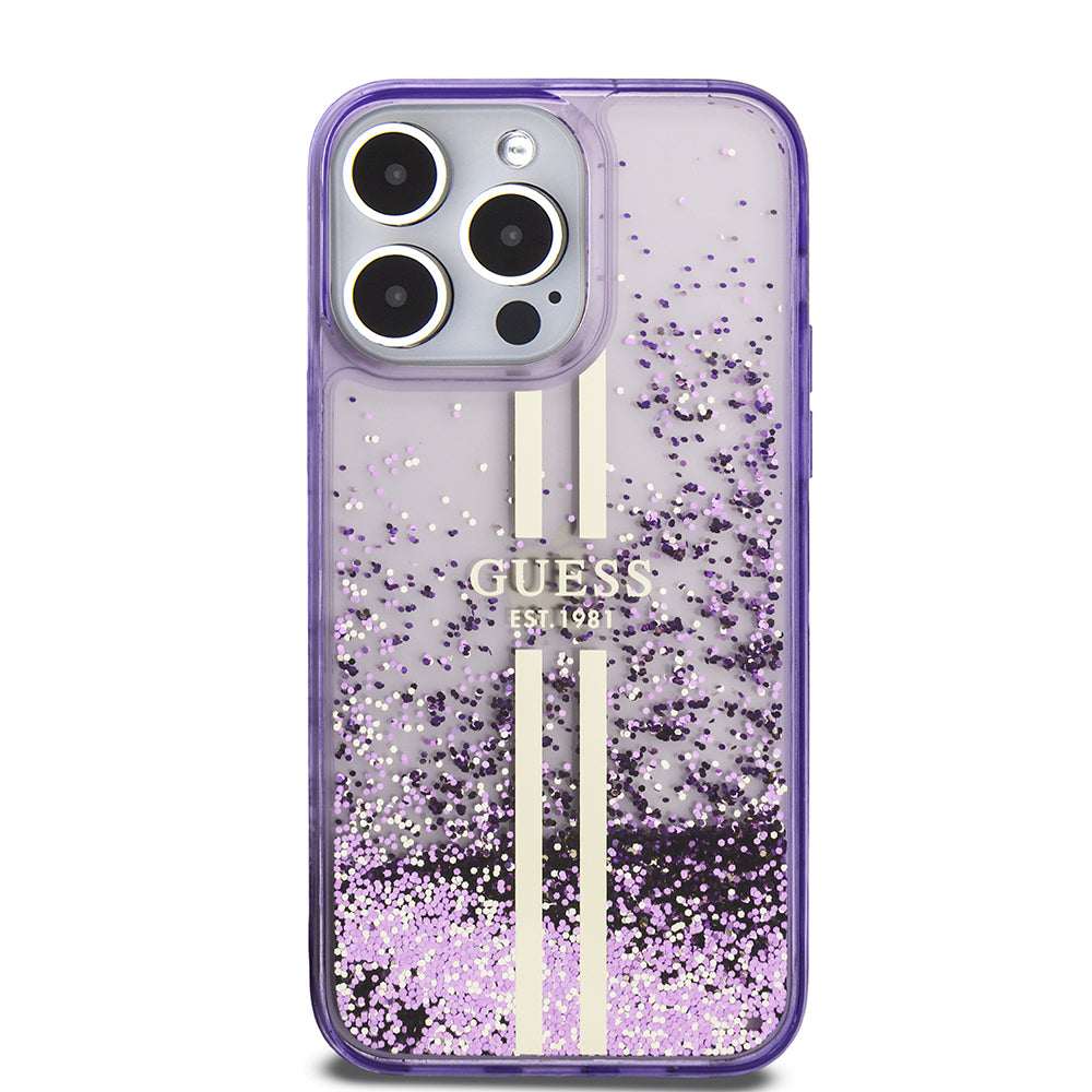 Apple iPhone 14 Pro Max Kılıf Guess Orjinal Lisanslı Transparan Sıvılı Simli Altın Çizgili Kapak Pembe