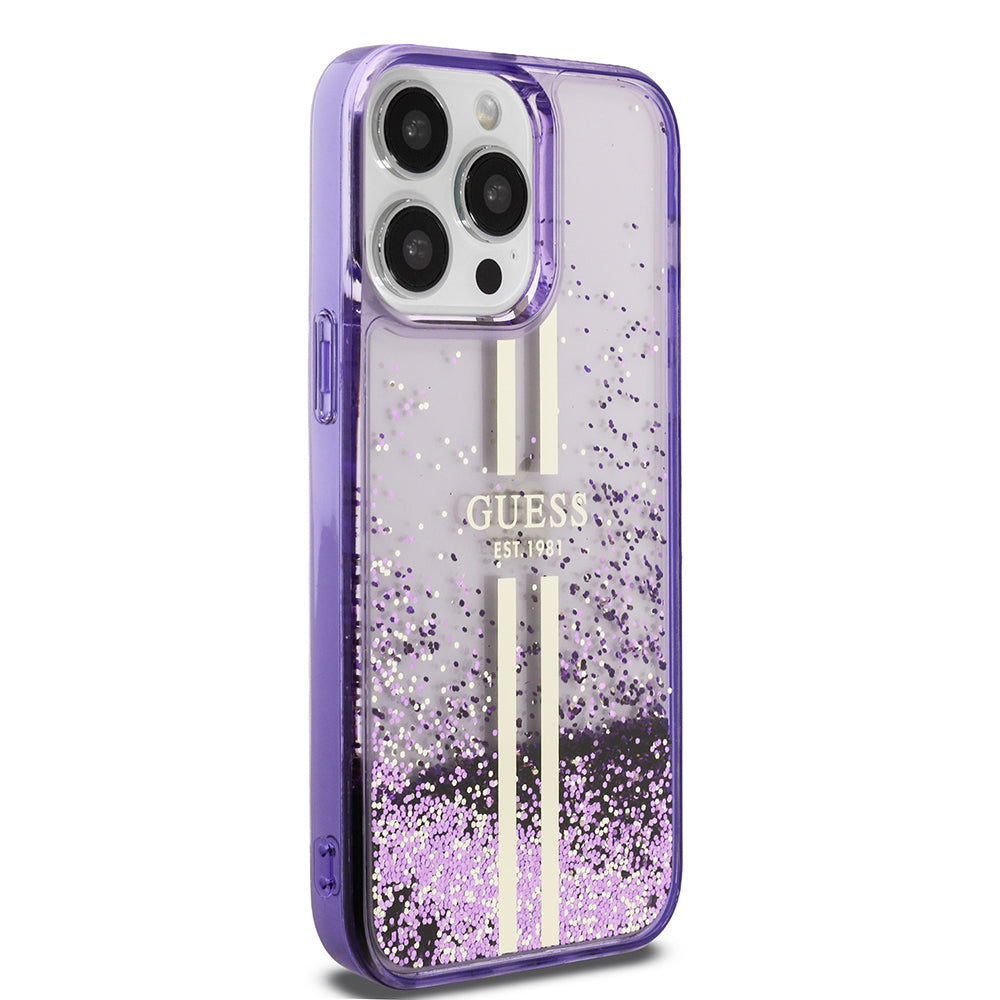 Apple iPhone 14 Pro Max Kılıf Guess Orjinal Lisanslı Transparan Sıvılı Simli Altın Çizgili Kapak Pembe