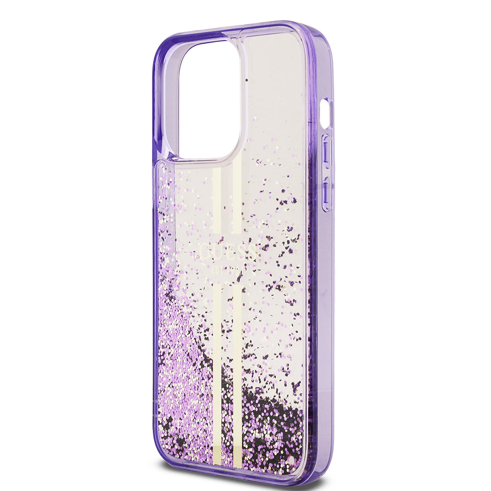 Apple iPhone 14 Pro Max Kılıf Guess Orjinal Lisanslı Transparan Sıvılı Simli Altın Çizgili Kapak Pembe