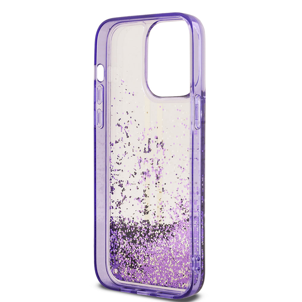 Apple iPhone 14 Pro Max Kılıf Guess Orjinal Lisanslı Transparan Sıvılı Simli Altın Çizgili Kapak Pembe