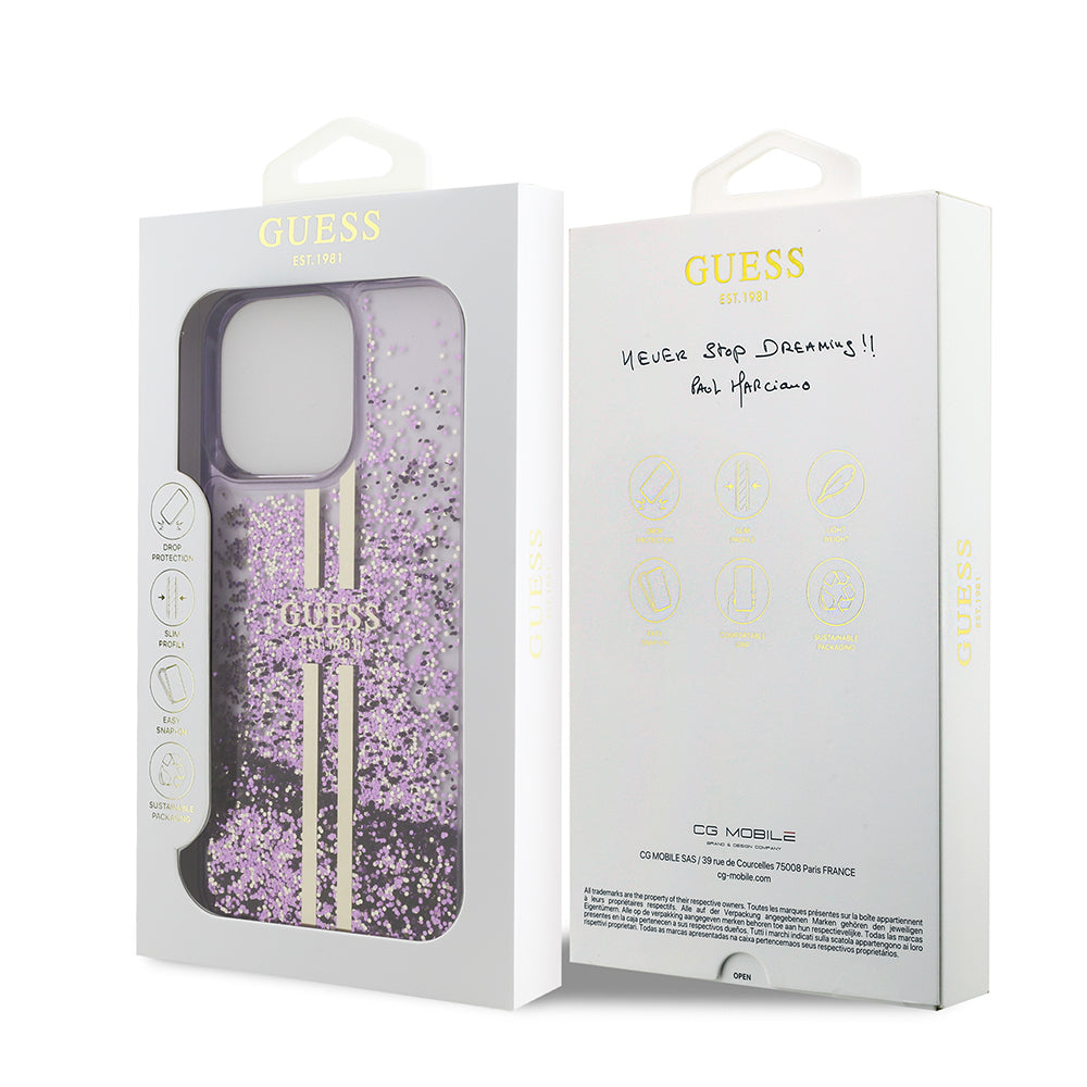 Apple iPhone 14 Pro Max Kılıf Guess Orjinal Lisanslı Transparan Sıvılı Simli Altın Çizgili Kapak Mor