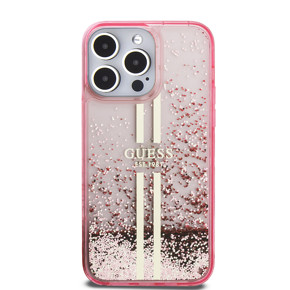 Apple iPhone 14 Pro Max Kılıf Guess Orjinal Lisanslı Transparan Sıvılı Simli Altın Çizgili Kapak Mor