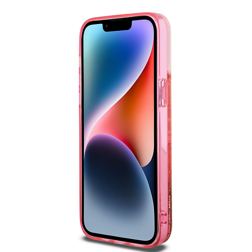 Apple iPhone 14 Pro Max Kılıf Guess Orjinal Lisanslı Transparan Sıvılı Simli Altın Çizgili Kapak Mor