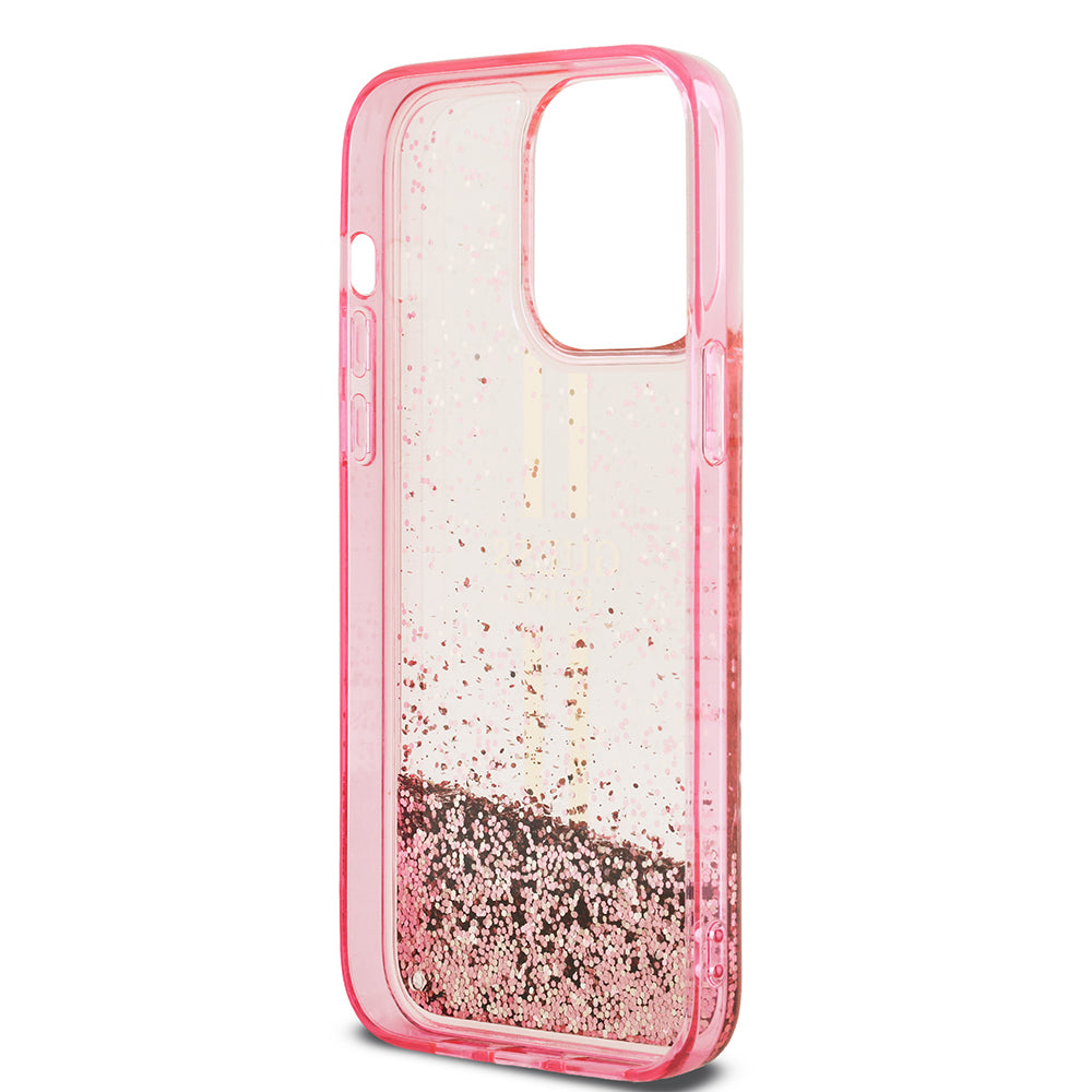 Apple iPhone 14 Pro Max Kılıf Guess Orjinal Lisanslı Transparan Sıvılı Simli Altın Çizgili Kapak Pembe