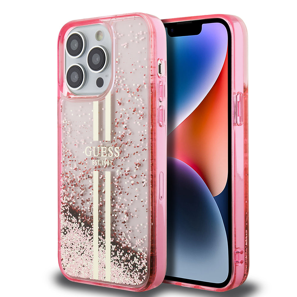 Apple iPhone 14 Pro Max Kılıf Guess Orjinal Lisanslı Transparan Sıvılı Simli Altın Çizgili Kapak Pembe
