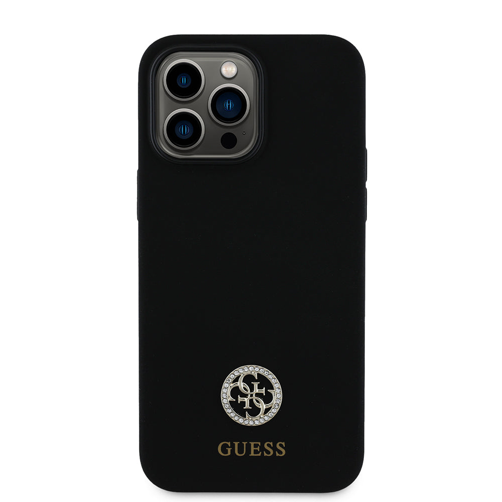 Apple iPhone 14 Pro Max Kılıf Guess Orjinal Lisanslı Yazı ve Taşlı 4G Logolu Silikon Kapak Siyah