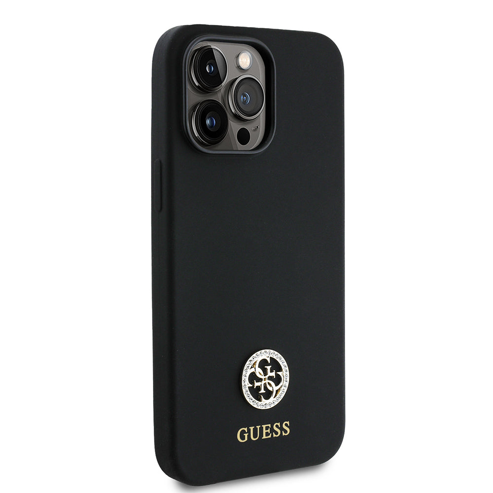 Apple iPhone 14 Pro Max Kılıf Guess Orjinal Lisanslı Yazı ve Taşlı 4G Logolu Silikon Kapak Siyah