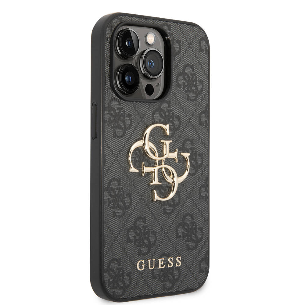 Apple iPhone 14 Pro Max Kılıf GUESS PU Deri Büyük Metal Logo Dizaynlı Kapak Gri