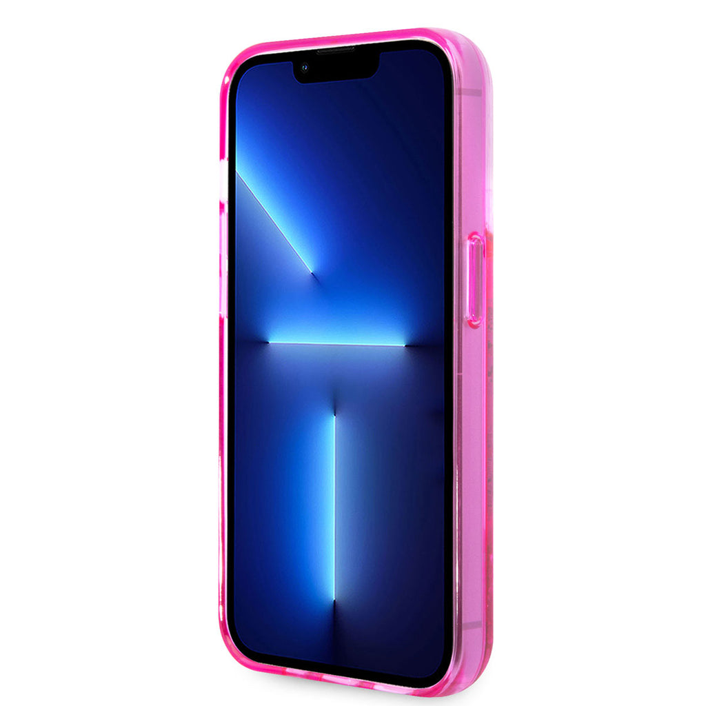 Apple iPhone 14 Pro Max Kılıf GUESS Transparan Sıvılı Simli Dizayn Kapak Pembe
