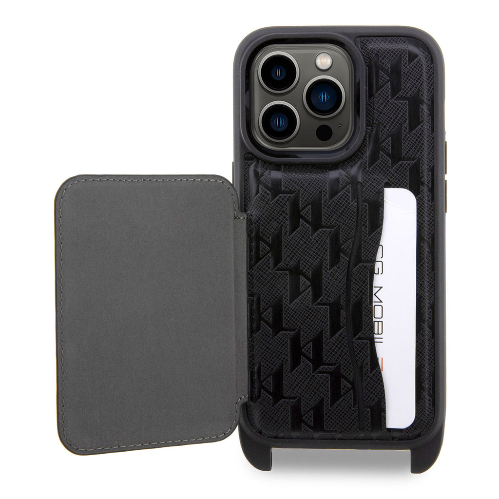 Apple iPhone 14 Pro Max Kılıf Karl Lagerfeld Boyun Askılı Kartlıklı Karl Dizayn Kapak Siyah