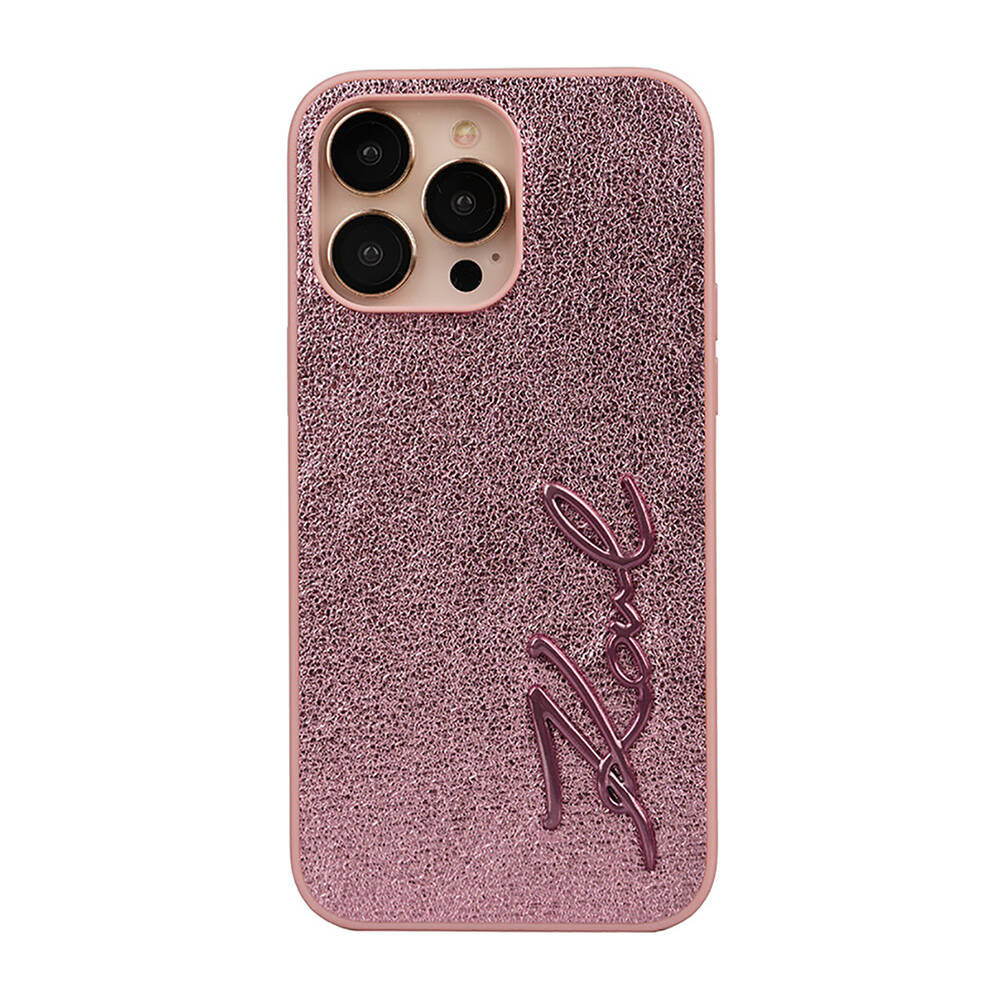 Apple iPhone 14 Pro Max Kılıf Karl Lagerfeld Orjinal Lisanslı 3D KL Yazılı Tüylü Arka Yüzey Saffiano Rhinestones Kapak Gold