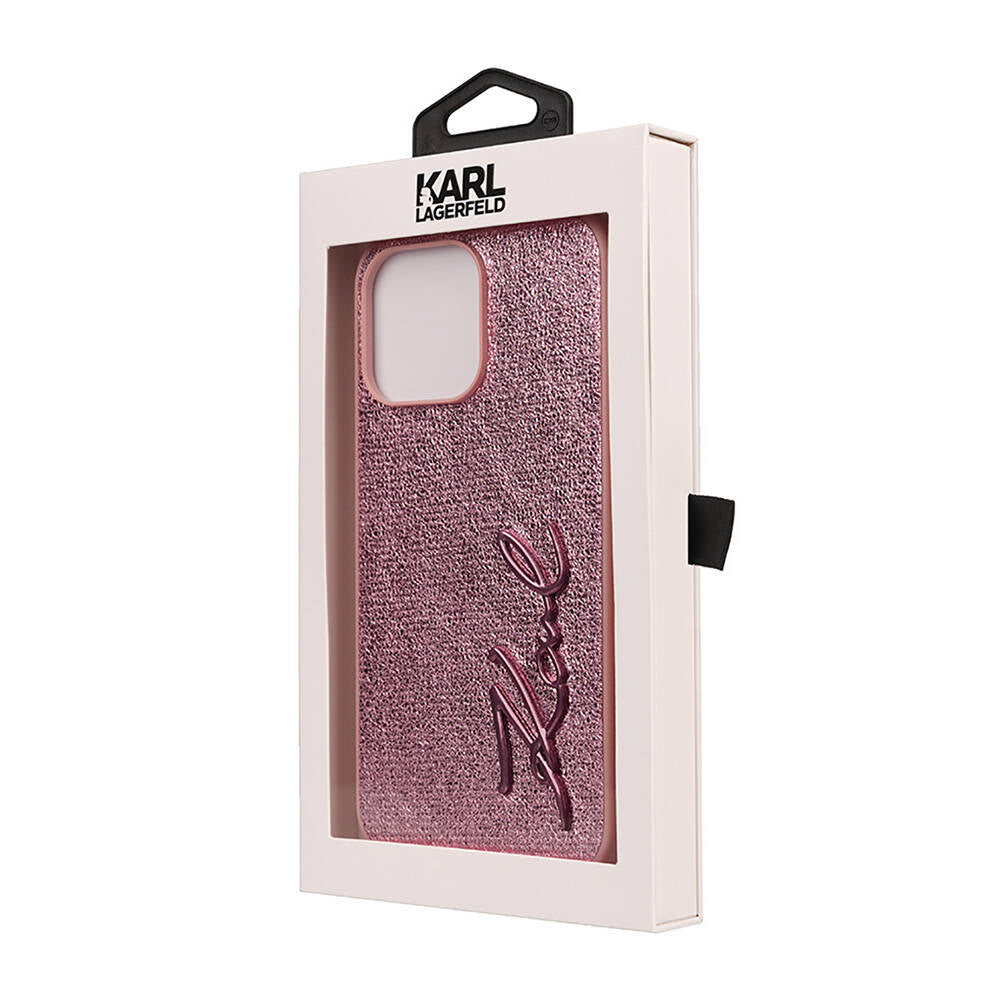 Apple iPhone 14 Pro Max Kılıf Karl Lagerfeld Orjinal Lisanslı 3D KL Yazılı Tüylü Arka Yüzey Saffiano Rhinestones Kapak Pembe
