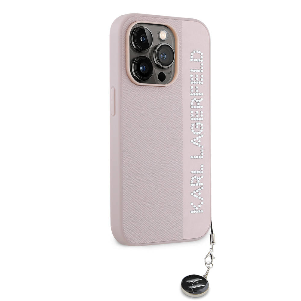 Apple iPhone 14 Pro Max Kılıf Karl Lagerfeld Orjinal Lisanslı Anahtarlıklı Taşlı KL Yazılı Saffiano Rhinestones Kapak Siyah