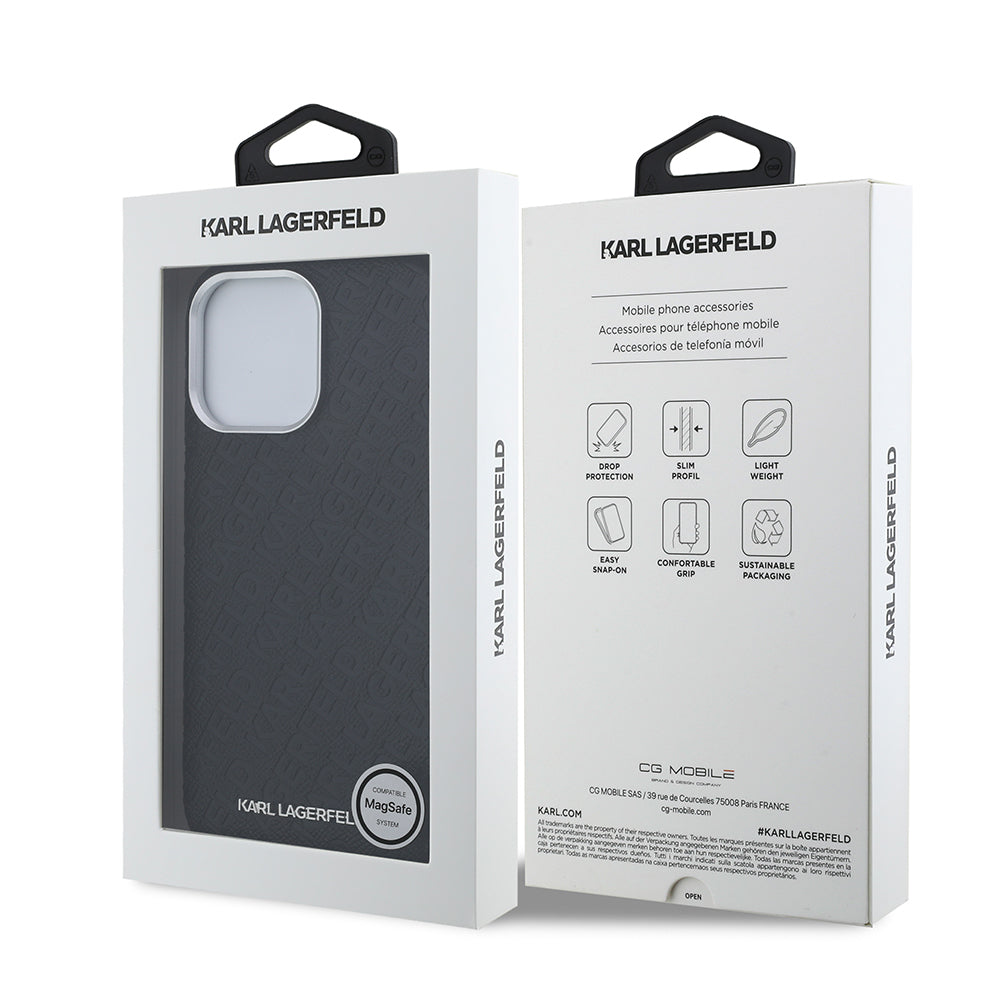 Apple iPhone 14 Pro Max Kılıf Karl Lagerfeld Orjinal Lisanslı PU Deri Damgalı Metal Yazı Logolu Kapak Siyah