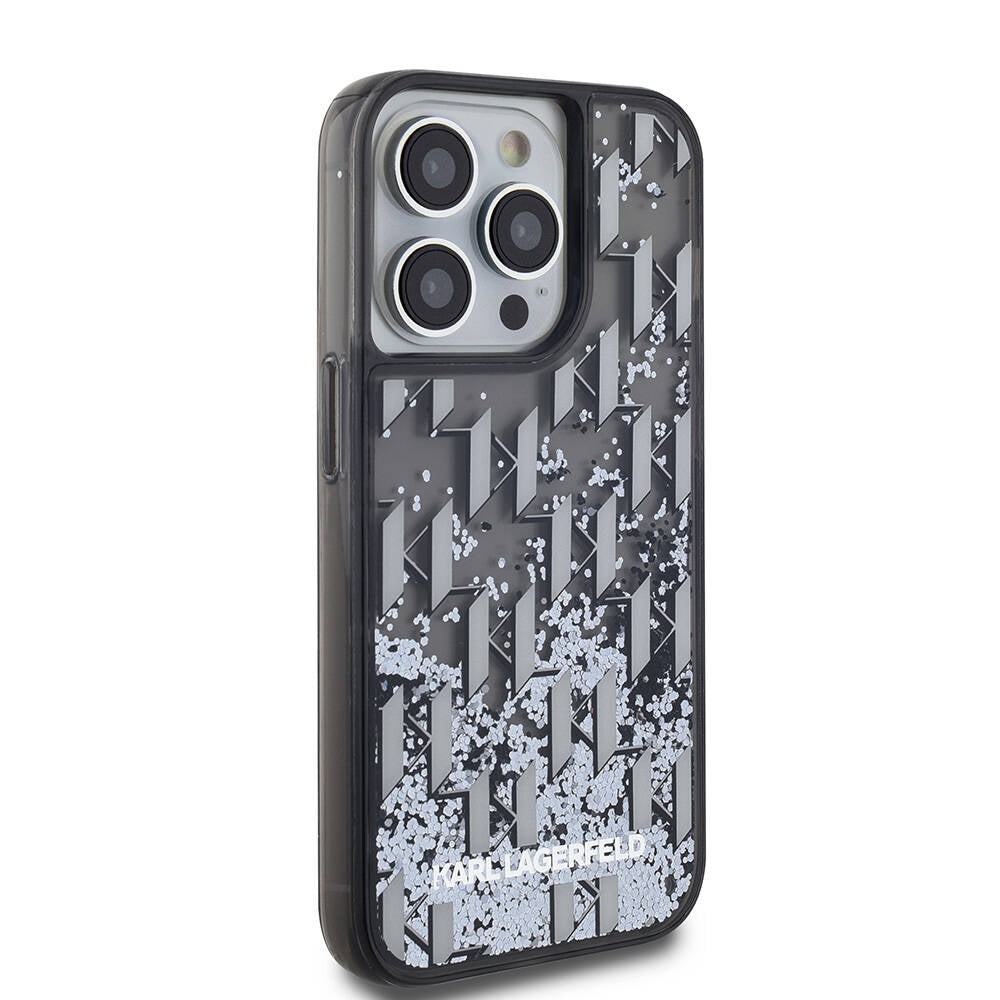 Apple iPhone 14 Pro Max Kılıf Karl Lagerfeld Orjinal Lisanslı Simli KL Yazılı Monogram Gradıent Kapak Siyah