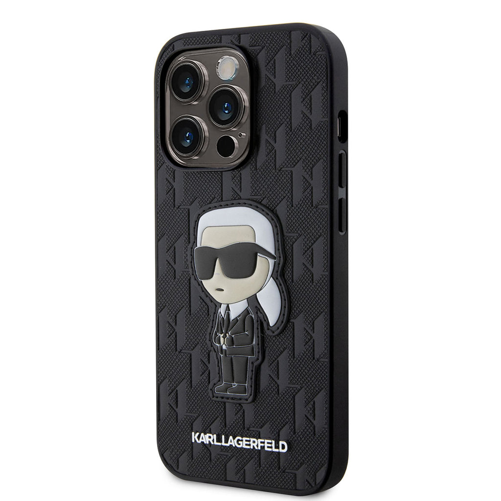 Apple iPhone 14 Pro Max Kılıf Karl Lagerfeld Saffiano Deri Karl Dizayn Kapak Siyah