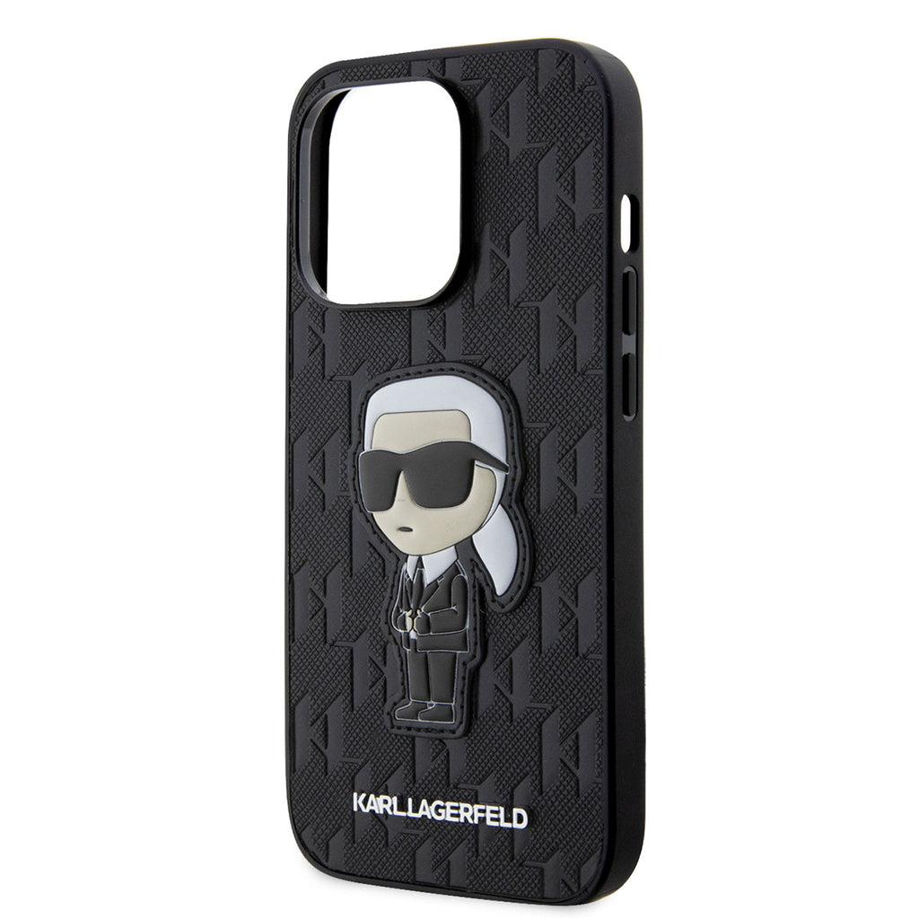 Apple iPhone 14 Pro Max Kılıf Karl Lagerfeld Saffiano Deri Karl Dizayn Kapak Siyah