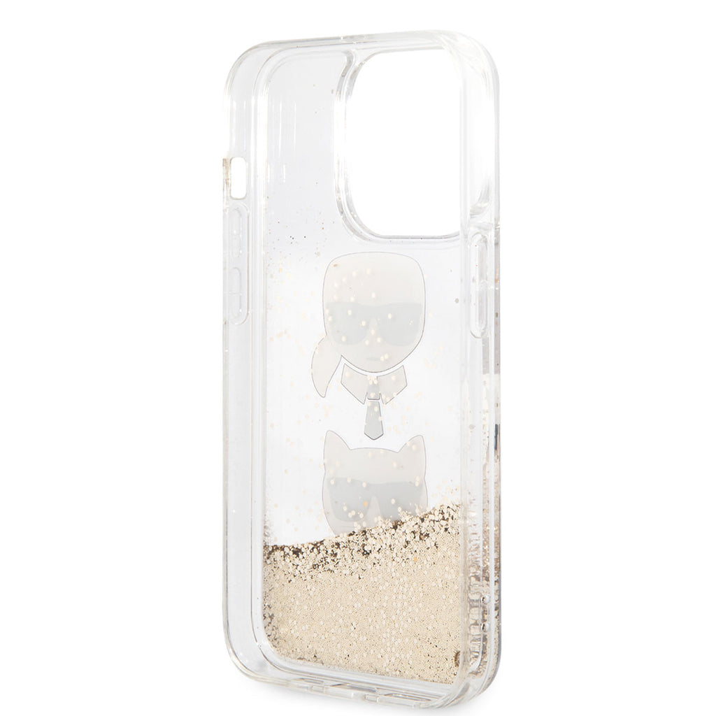 Apple iPhone 14 Pro Max Kılıf Karl Lagerfeld Sıvılı Simli K&C Head Dizayn Kapak Gold