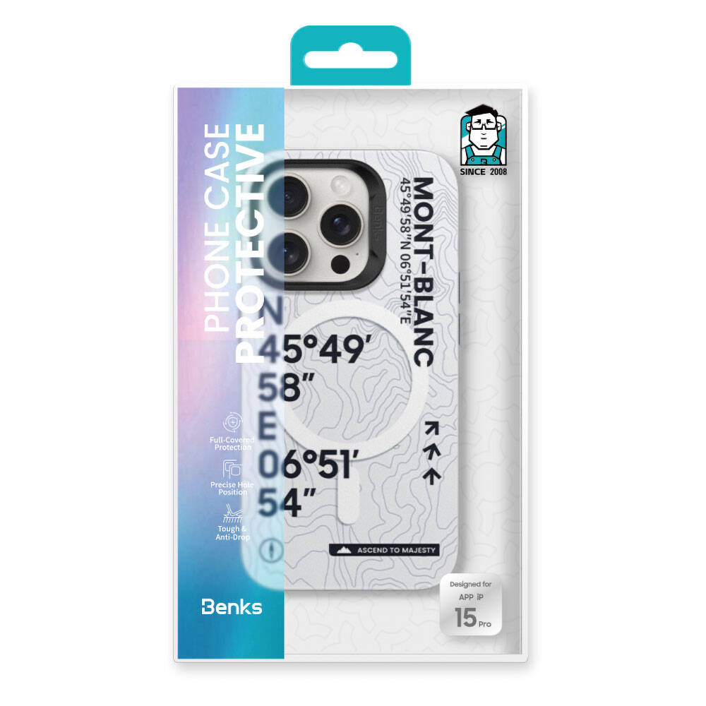 Apple iPhone 14 Pro Max Kılıf M-safe Şarj Özellikli Koordinat Yazı Desenli Benks Summit Serisi Kapak Beyaz
