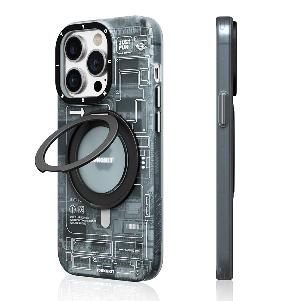 Apple iPhone 14 Pro Max Kılıf M-safe Şarj Özellikli Youngkit 360° Standlı Technology Serisi Kapak Gri