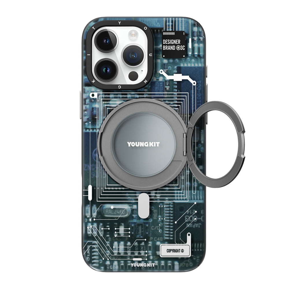 Apple iPhone 14 Pro Max Kılıf M-safe Şarj Özellikli Youngkit 360° Standlı Technology Serisi Kapak Mavi