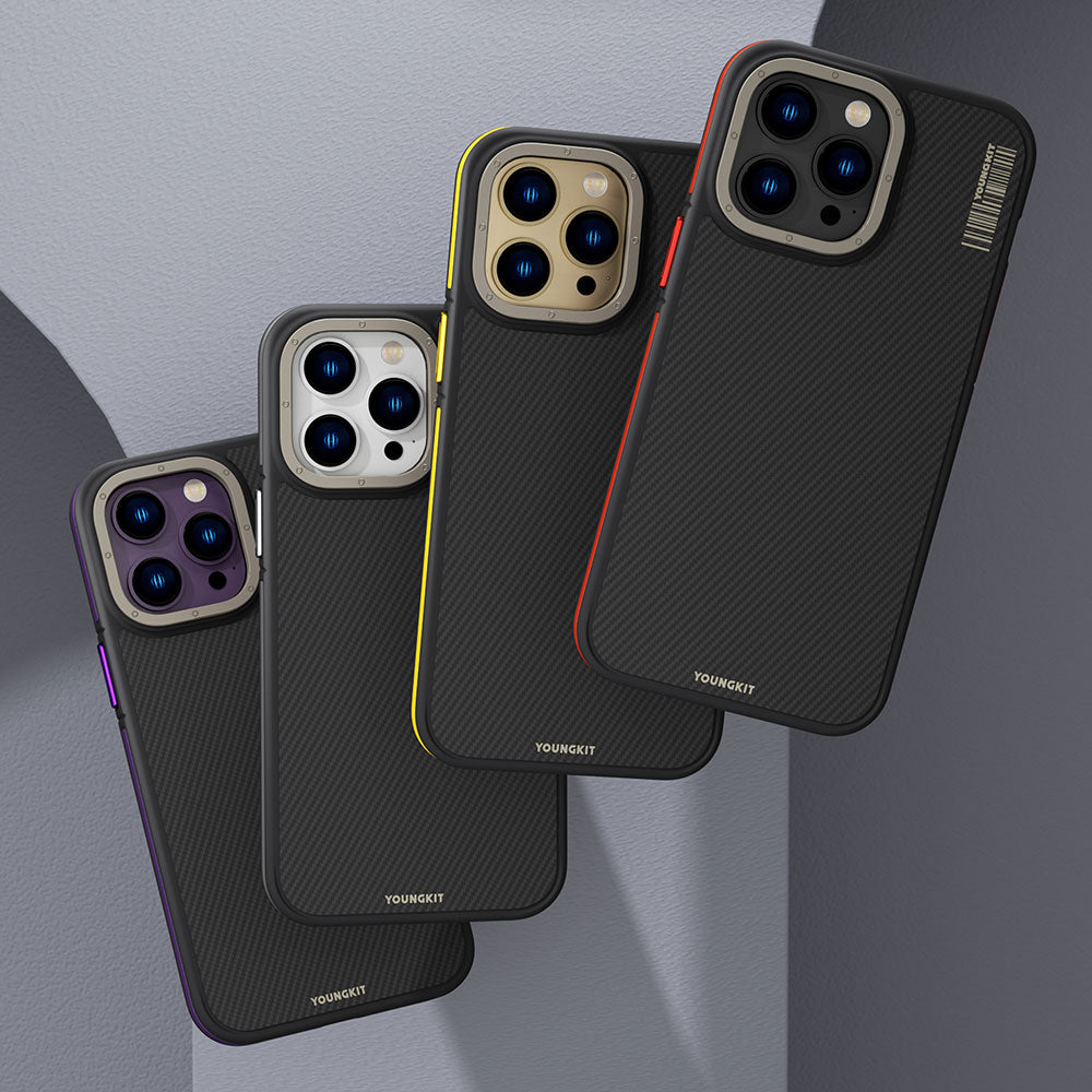 Apple iPhone 14 Pro Max Kılıf M-safe Şarj Özellikli YoungKit 600D Kevlar Kapak Sarı