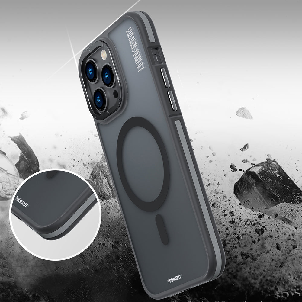 Apple iPhone 14 Pro Max Kılıf M-safe Şarj Özellikli Youngkit Rock Sand Serisi Kapak Siyah