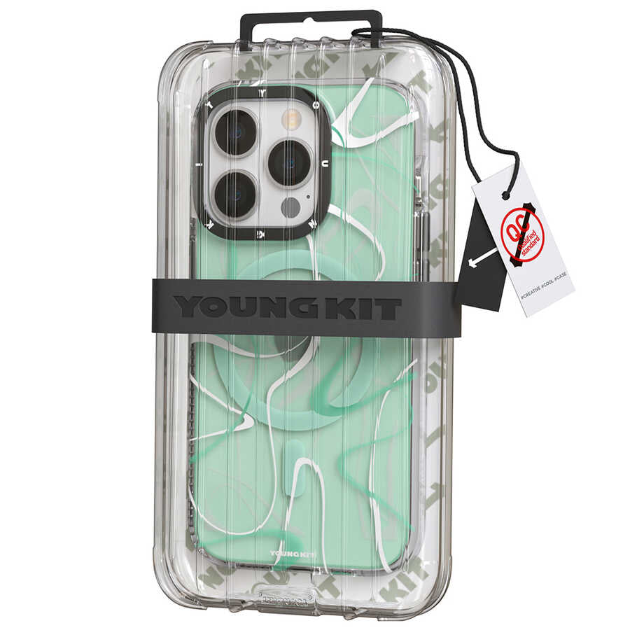 Apple iPhone 14 Pro Max Kılıf M-safe Şarj Özellikli Youngkit Water-Ink Serisi Kapak Yeşil